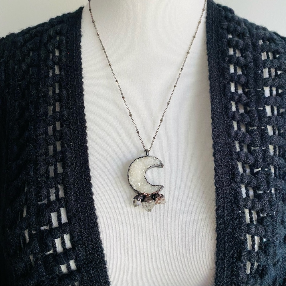 Druzy Crescent Moon Necklace with Herkimer Diamond Starburst